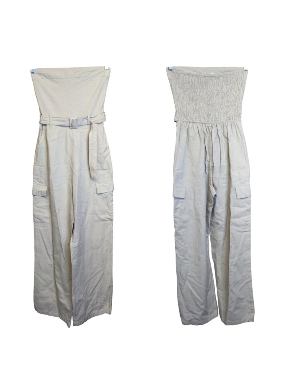Sim & Sam Beige Strapless Wide Leg Jumpsuit With Belt XS Cotton Linen Blend